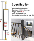 Top Shelf Metal Balusters and Staircase Spindles Measuring Thirty Seven Inches Tall for Deck Railings, clean black gold finish, detailed specifications on height and material.