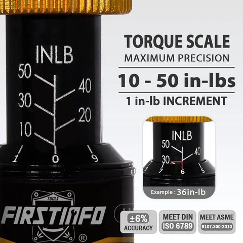 Close-up of Pro Grade Precision Torque Screwdriver 10 To 50 Inch-Pounds With scale showing 10 to 50 in-lbs increments.