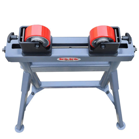 Rock Solid Heavy Duty Adjustable Pipe Roller Stand Built Tough For Welding Fabrication And Fit Up Projects Handling Up To 1100 Lbs Like A Champ with red wheels and sturdy metal frame.