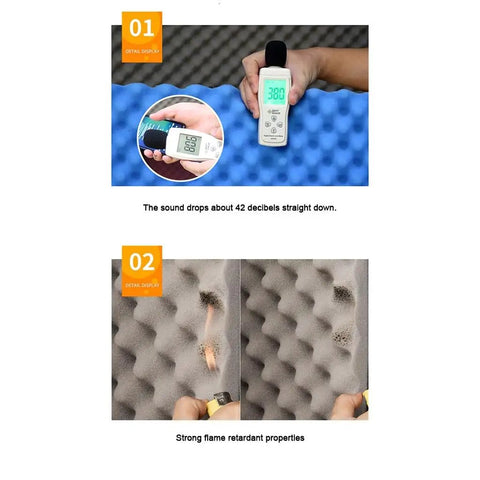 Sound testing showing No Hassle Top Shelf High Density Acoustic Foam Panels Self Adhesive Soundproofing Pads with flame retardant effect.