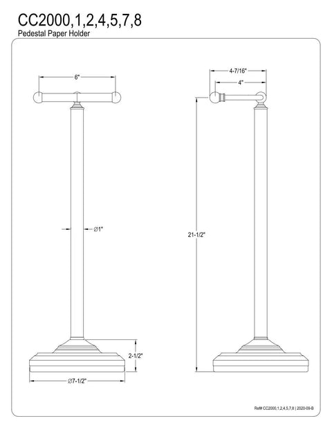 Diagram of Classic Pedestal Paper Holder In Oil Rubbed Bronze Finish, 21.5 Inch Tall, 7.5 Inch Base, 6 Inch Rod, Easy Assembly