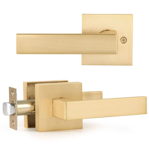 6 Pack Satin Brass Interior Door Handles With Passage Function, Heavy Duty Hall And Closet Door Lever Knobs, Left Or Right Handed