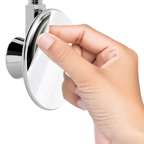 Flexible Shower Head Holder With Adjustable Vacuum Suction Cup Mount shown with hand peeling adhesive chrome finish