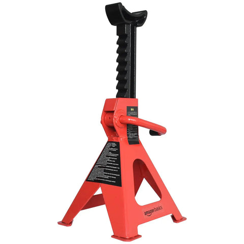 Heavy Duty Steel Auto Jack Stands 2 Ton Each Built Tough With No Hassle Ratchet Locking Adjusts Smoothly For Weekend Warriors ASME Certified Red Black side view showing toothed pillar and ratchet mechanism.