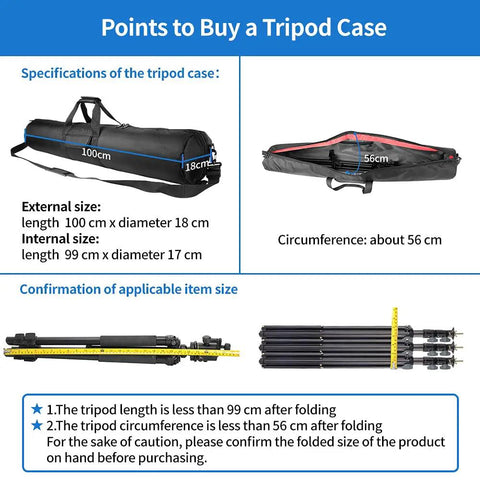 Heavy Duty Tripod Carry Case With All Around Thick Padding Locks Your Gear In Tight Up To 39 Inches, showing dimensions and specifications.