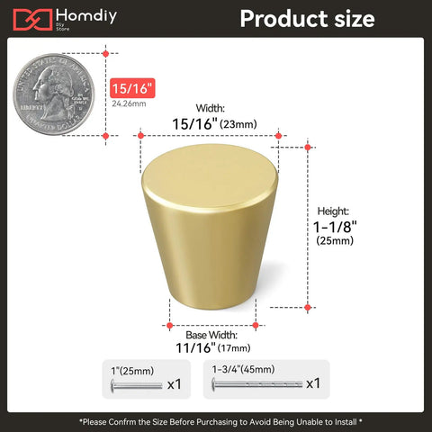 Five Pack Gold Knobs Brushed Brass Round Cabinet Pulls for Kitchen Cabinets with size dimensions diagram and screws