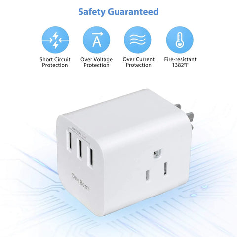 Travel Ready Three Outlet Extender With Three USB Ports And Built In Surge Protector shown with safety features