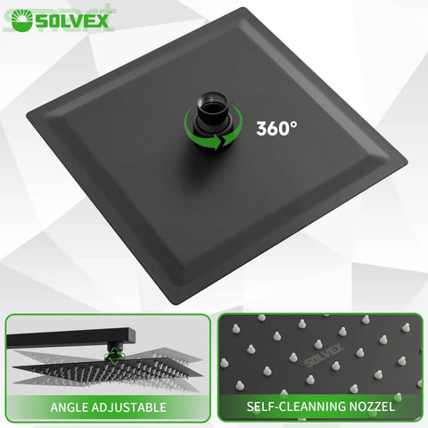 Heavy Duty Eight Inch Rain Shower Head And Matte Black Faucet Set Crafted From Solid Brass And Tough 304 Stainless Steel For A Smooth Non Clog Bathroom Setup That Runs Clean And Looks Fresh Every Day, showcasing adjustable 360-degree shower head.