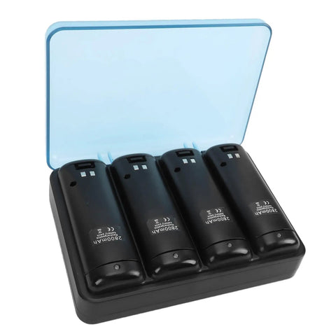 4 In 1 Charging Station For Remote Controllers with 4 Rechargeable 2800mAh NiMH Batteries and USB Cable Black with open lid.
