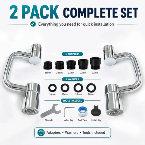 Two Piece U Shaped Faucet Extender Featuring Smooth Swivel Reach And Dual Spray Modes Comes Complete With All Gaskets For Super Simple Kitchen And Bath Sink Updates In Classic Silver with adapters and tools.