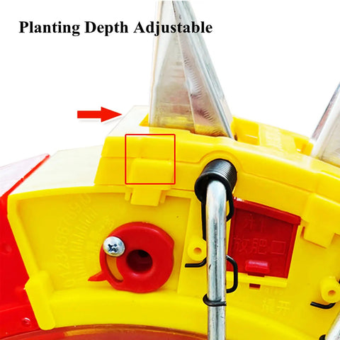 Close-up of planting depth adjustment mechanism on Manual Seeder Hand Push Garden Spreader Workhorse Walk Behind Planter.