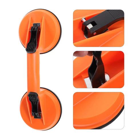 Heavy Duty Glass Suction Cup Tool With Two Big Orange Cups For Moving Furniture Cabinets And Sunrooms Using Abs Material Vacuum Lifter To Lift High Altitude Tiles Easy Peasy close-up of orange suction cups and handle