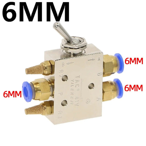 Dead Simple Self Locking Two Position Five Way Pneumatic Exhaust Valve Switch With One Inch Eighth Npt Fittings And Built In Tough Muffler For Heavy Duty Workspaces, showing valve with 6mm fittings.