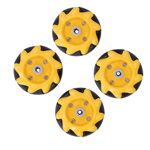 Mecanum omni wheels set, 48mm diameter with yellow centers and black tires, four wheels.