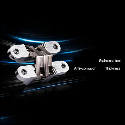 Two Piece Set Premium 304 Stainless Steel Hidden Cabinet Hinges Beefy Rock Solid Invisible Concealed Door Hardware For Slick Kitchen Furniture Upgrade And Smooth Swing Setup With Zero Gap Alignment close-up view of stainless steel hinge design.