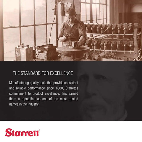 Vintage workshop scene with artisan crafting tools next to ‘Starrett’ logo and quality message emphasizing excellence.
