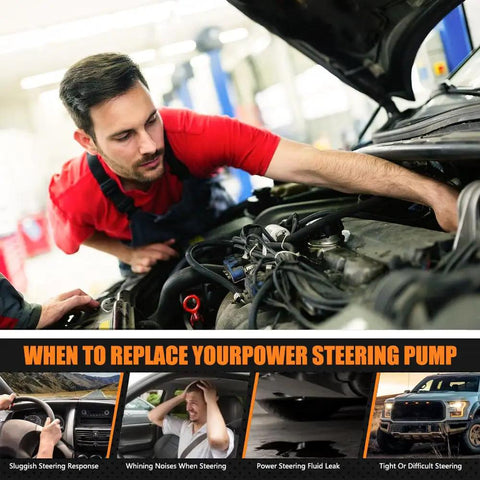Mechanic inspecting engine bay for Single Return Port Power Steering Pump With Reservoir Fit 1999-2014 Chevy Silverado Tahoe Suburban GMC