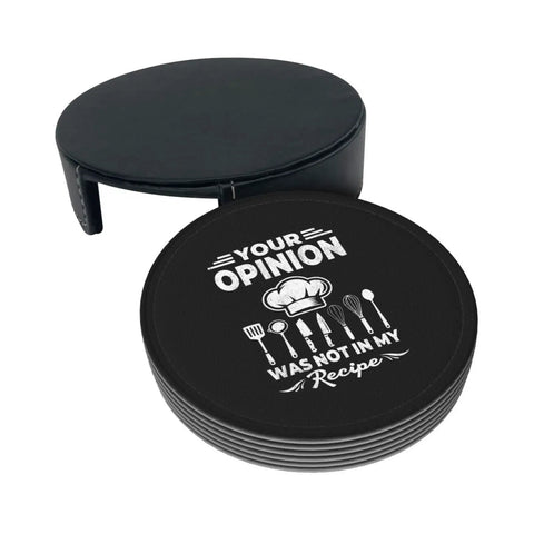 Six Piece Leather Coaster Set With Holder For Drinks Bar Home Office Surface Protection Premium PU Microfiber Leather Drink Coasters With Tray Perfect Decoration And Family Table Guard, black coasters with kitchen design.