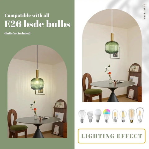 Green Glass Plug In Pendant Light With 15 Feet Cord Retro Vintage Black Hanging Ceiling Lamp For Kitchen Bedroom Living Room And Dining Room Easy To Install E26 Base Mid Century Modern Style Vibe hanging above dining table.