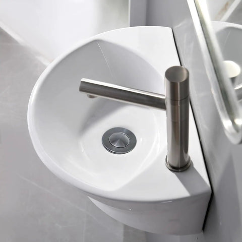 Small Wall Mount Porcelain Sink For Tiny Bathrooms And RVs, 16 Inch Long Corner Floating Basin with faucet