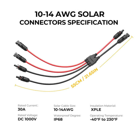 Two Panel Solar Parallel Connector Kit With 2 To 4 Y Branch Cables 10 AWG Waterproof Splitter Wire Easy Plug And Play PV Connector Set