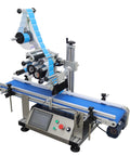 Automatic Flat Labeling Machine With Conveyor Belt For Plates And Shop Merch Smart Sensor Desktop Label Applicator 110V heavy-duty setup with blue conveyor.