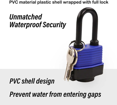 Built-Tough Outdoor Padlock 44mm 1.75 Inch Keyed-Alike with extra long shackle, PVC shell, brass cylinder, and keys attached