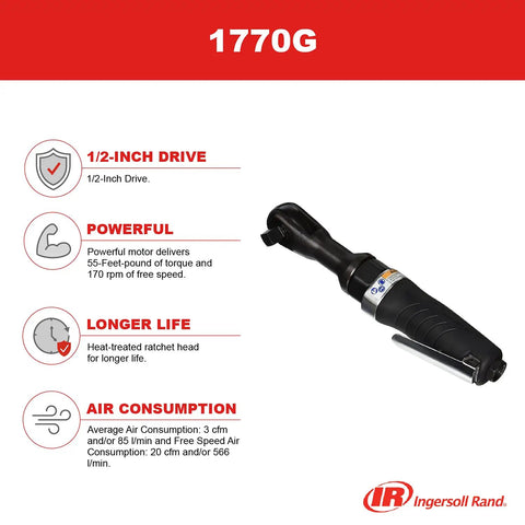 1770G Edge Series Half Inch Air Ratchet Wrench With Beefy 55 Ft-Lbs Torque, 170 RPM; black wrench with comfort grip shown