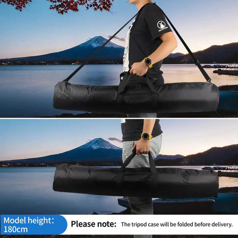 Heavy Duty Tripod Carry Case With All Around Thick Padding Locks Your Gear In Tight Up To 39 Inches, portable black nylon bag carried by a person.