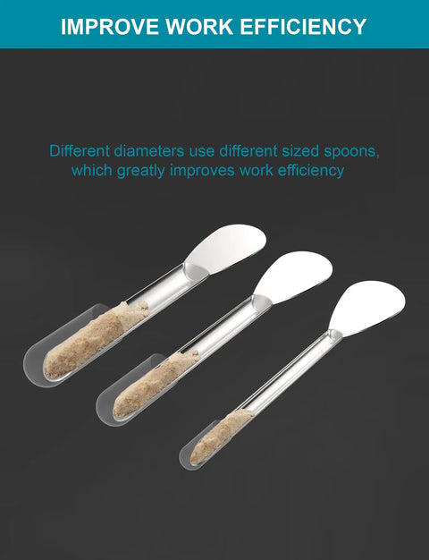 Filling Tools Kit for Home and Lab with Empty Funnel Tray Spoon Scoops Spatula and Tamper, showing three metal spoons.