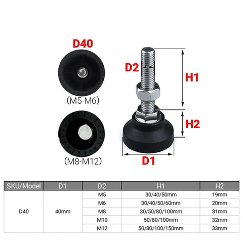 Adjustable Leveling Feet For Furniture With 40mm Diameter, Height Adjustable From 30 To 150mm, M5 To M12 Thread Compatibility, Nylon And Stainless Steel Base, No Tool Needed Setup, Reduces Wobble And Protects Floors. D40 leveling foot with threaded stem and size chart