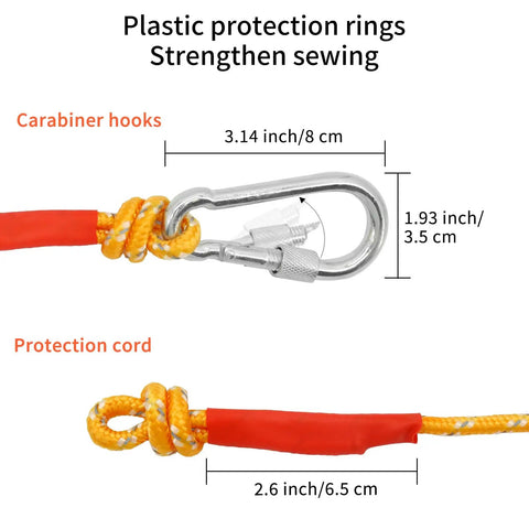Hella Tough 6 mm Braided Floating Dock Rope With Bright Reflective Markings And Heavy Duty Swivel Hooks For Boat Anchoring Campouts And Lake Days Yellow Twenty Meter Line showing carabiner hooks and protection cord details.