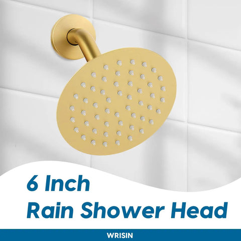 Brass 6-inch high pressure rain shower head shown installed on bathroom tile wall.