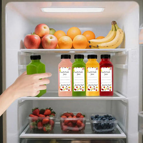 10 Pack 12 Oz Clear Plastic Juice Bottles With Screw Caps Reusable Food Grade Pet Beverage Jars Straight Up Great Vibes Includes Black Lids Custom Labels And Compact Cleaning Brush Legit Summer Essentials in fridge with fruits.