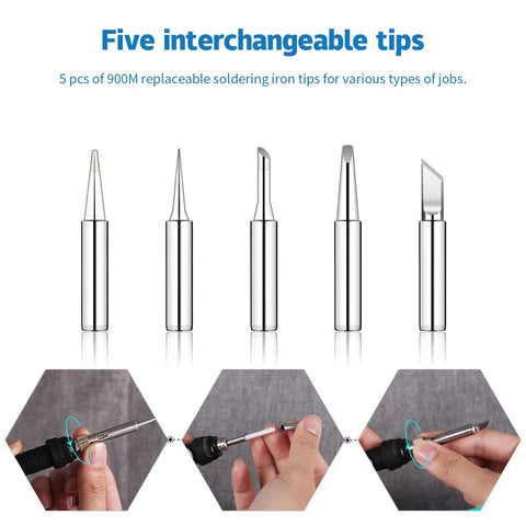 Five soldering tips from 60W Adjustable Temperature Soldering Iron Kit with Quick Heat Up Ceramic Heater, and hands showing use