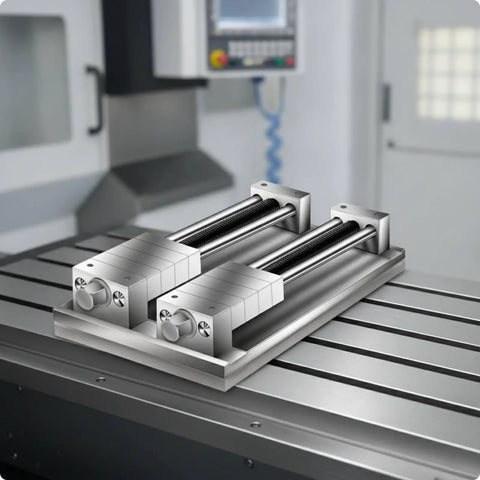 Built Tough Multi Station Machining Vise With Killer Workholding Clamps And Precision Stepped Copper Alloy Plates 300X220X16mm on a CNC table.