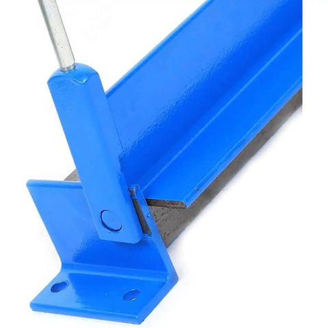 Close-up of Heavy Duty 760mm Sheet Metal Brake bender with blue coating, showcasing adjustable angle lever and sturdy design.