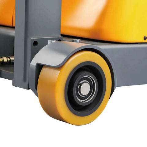 Close-up of rugged wheel of Heavy Duty Counterbalanced Electric Pallet Stacker With 2200 Pound Capacity, designed for smooth movement.