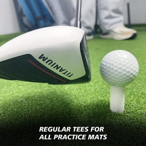 Golf club lining up with ball on Durable Rubber Golf Tees 6 Pack For Driving Range And Indoor And Outdoor Practice Mat.