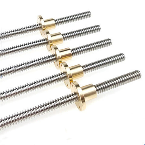 Top Shelf Two Pack Of Eight Millimeter T8 Full Thread Lead Screws Paired With Durable Brass Nuts on white background.