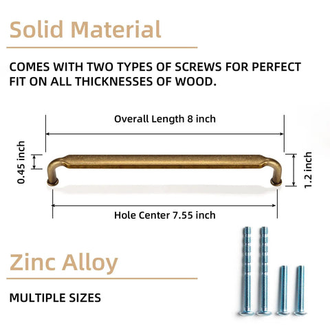 Six Pack 7-1/2 Inch Hole Center Cabinet Pulls In Antique Brass Zinc Alloy For Kitchen Drawers And Cabinets, 7.9 Inch Overall Length, Includes M4 Screws, showing dimensions and screws