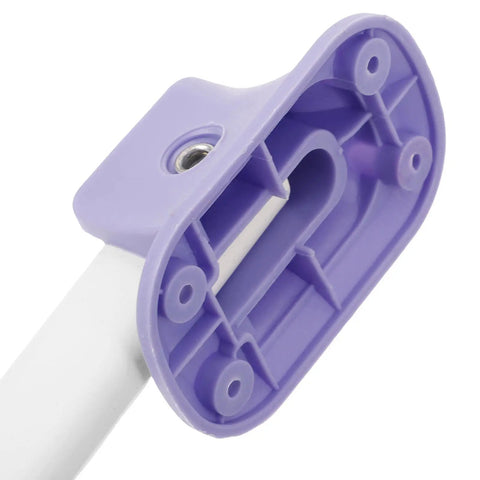 Close-up of purple heavy-duty plastic folding mechanism for foldable replacement table legs for laptop and furniture.