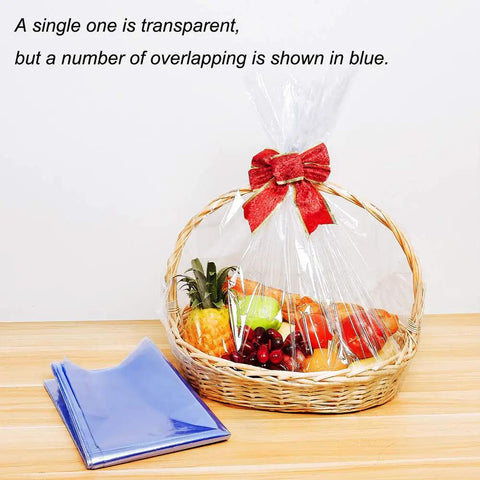 Legit Crisp Shrink Wrap Bags For Gift Baskets 40X47 Inch Xxlarge 5 Pack Real Clear Cello Pvc Poly Wraps around a fruit basket.