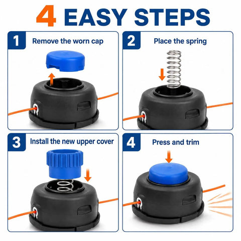 Pro T25 Tap Feed Trimmer Head Repair Kit With Blue Bump Knob And Spring For Husqvarna 325RJX, 4-step install guide