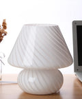 Swirl Mushroom Lamp With Vintage Striped Murano Glass, Soft Warm White LED Night Light on desk near dried flowers, 9.9 Inch Tall