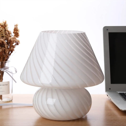 Swirl Mushroom Lamp With Vintage Striped Murano Glass, Soft Warm White LED Night Light on desk near dried flowers, 9.9 Inch Tall
