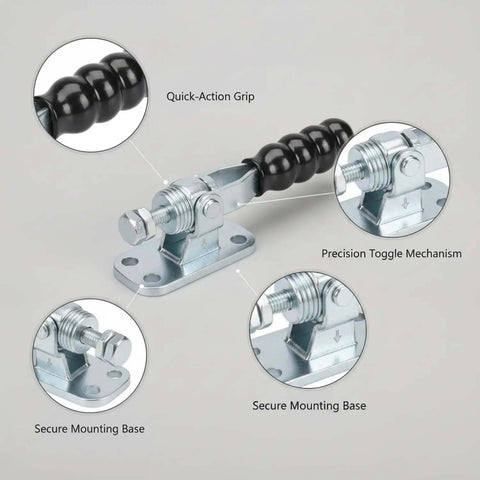 Fast Action Toggle Clamp With One Motion Lock in zinc, showing quick-action grip and precision mechanisms.