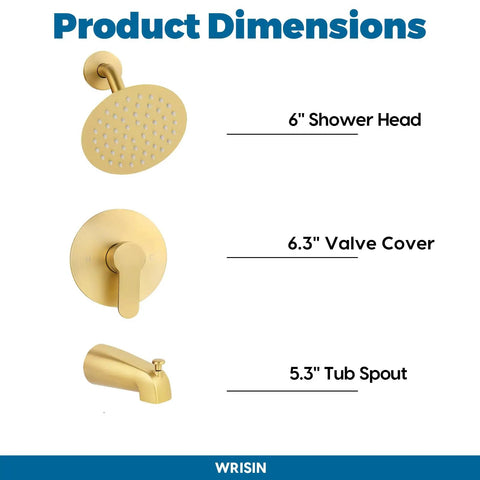 Product dimensions of shower faucet with valve and trim kit for a 6 inch high pressure rain shower head, brass body, brushed nickel.
