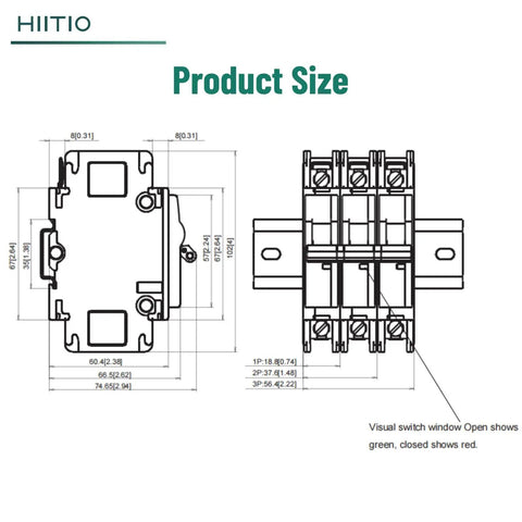 Dimensions diagram of AC Miniature Circuit Breaker 15 Amp 120V 240V 1 Pole DIN Rail Mount 35mm UL489 Listed HCB1U60 MCB