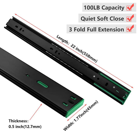 22-inch black side mount heavy duty soft close drawer slides with ball bearing, full extension, 100 lb capacity, quiet damping